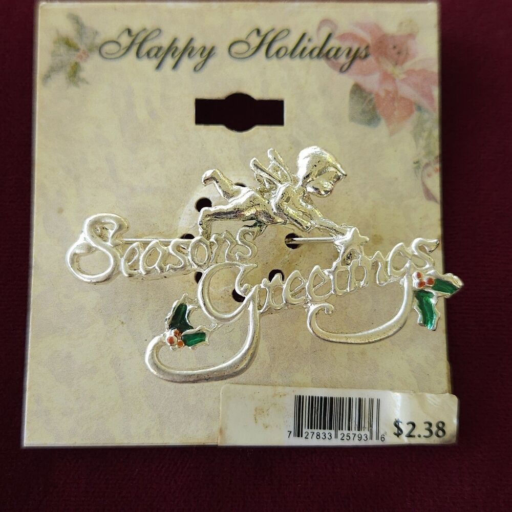 Vintage Walmart Season’s Greetings Christmas Brooch Pin Silver Tone NOS NOC